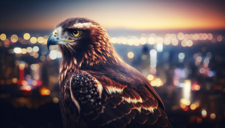 Golden Eagle in the city at sunset time. Filtered image processed vintage effect.の素材