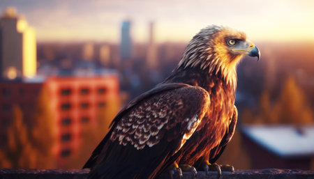 Golden eagle on the background of the city in the rays of the setting sunの素材