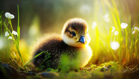 Little duckling in the grass on a background of spring flowers.の素材