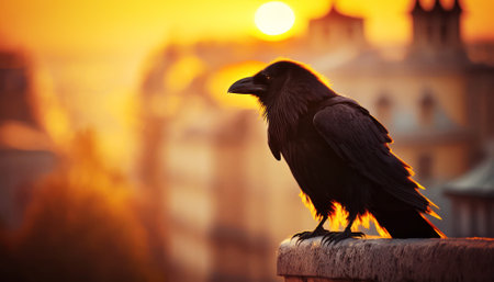 Raven sitting on a fence at sunset. Shallow depth of field.の素材