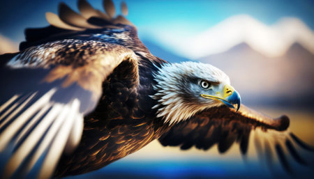 Bald Eagle in flight with mountains in the background. 3D renderingの素材