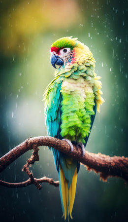 Beautiful colorful parrot sitting on a branch in the rain.の素材