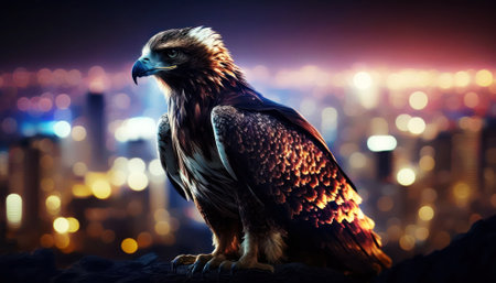 Golden eagle on the background of the night city. The concept of freedomの素材