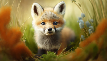 Cute little fox in the grass with flowers. Close up.の素材