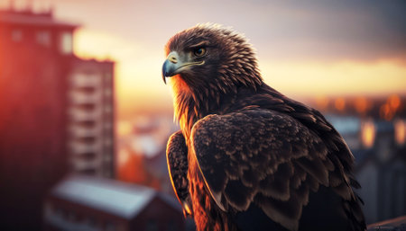 Beautiful eagle on the background of the city. Sunset light.の素材
