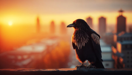 Black crow on the background of the city at sunset. The concept of freedom and nature.の素材