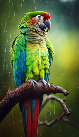 Beautiful macaw parrot sitting on a branch in the rainの素材