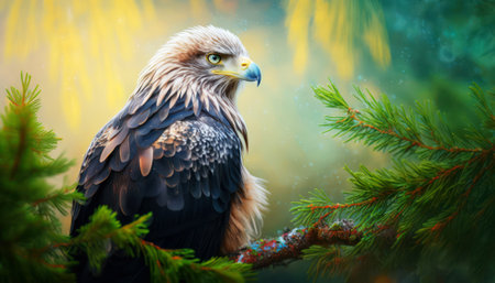 Portrait of a golden eagle sitting on a branch in the forestの素材