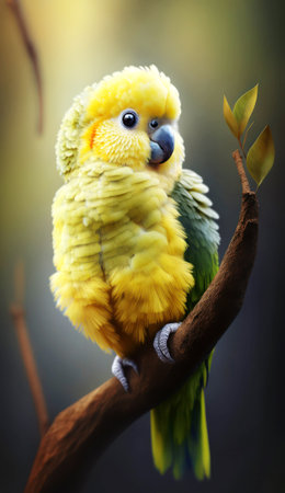 Cute yellow parrot sitting on a tree branch in the gardenの素材