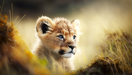 Lion cub (Panthera leo) in the grassの素材