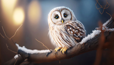 Tawny owl (Strix nebulosa) sitting on a branchの素材