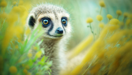 Cute meerkat in the meadow with yellow flowers.の素材