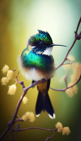 Olive-throated sunbird sitting on a branch of a mimosa treeの素材