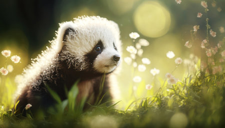 Cute baby panda in the forest on the grass with flowersの素材
