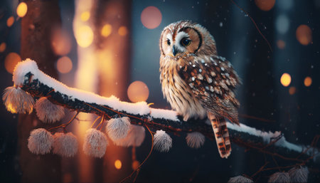 Tawny Owl on a branch in the winter forest at nightの素材
