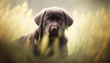 Labrador retriever puppy in the grass looking at the camera.の素材