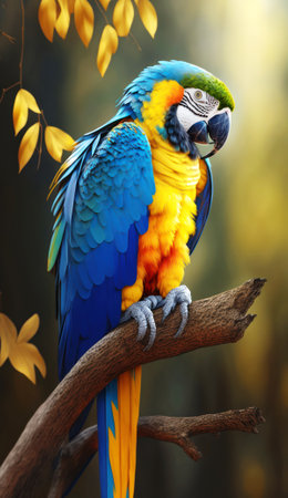 beautiful macaw parrot sitting on a branch in the forestの素材