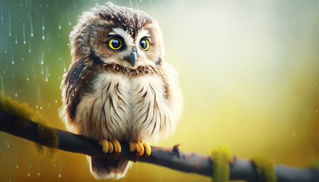 Owl with yellow eyes on a tree branch in rain drops.の素材
