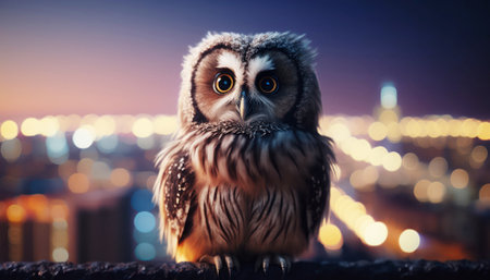 Beautiful owl on the background of the night city and lights.の素材