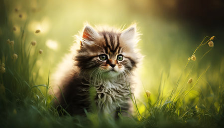 Cute siberian kitten sitting on green grass in sunset lightの素材