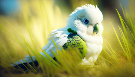 White parrot sitting in the green grass in the morning sun.の素材