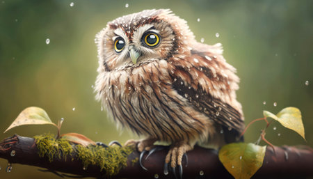 A little owl sits on a branch in the rain. Wild bird.の素材