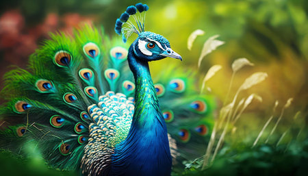 Portrait of beautiful peacock with colorful feathers in the garden.の素材