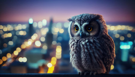 Beautiful owl on the background of the night city. Night view.の素材