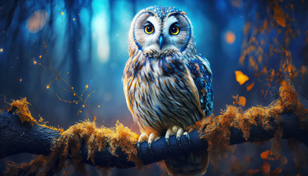 Owl on a tree branch in the forest. Night scene.の素材