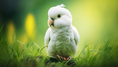 Beautiful white owl sitting in the green grass with copy space.の素材