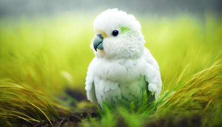 White parrot with green eyes on green grass background, close upの素材