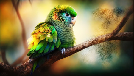 Parrot sitting on a branch in the garden. Colorful background.の素材