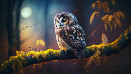 Tawny owl sitting on a branch in the autumn forest.の素材