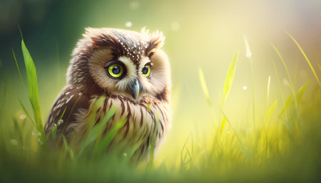 Beautiful owl in the grass with sun rays and bokehの素材