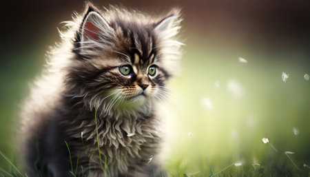 Siberian kitten on green grass in summer. Portrait of siberian catの素材