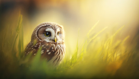 Little owl in the grass at sunset. Wildlife scene from nature.の素材