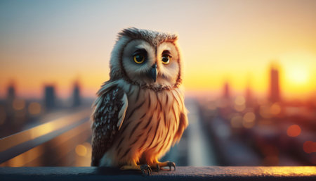 Beautiful owl on the background of the city and the sunset.の素材