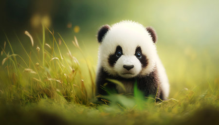 Cute little panda bear sitting on the green grass in the forestの素材