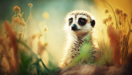 Cute meerkat in the meadow. Wildlife scene.の素材