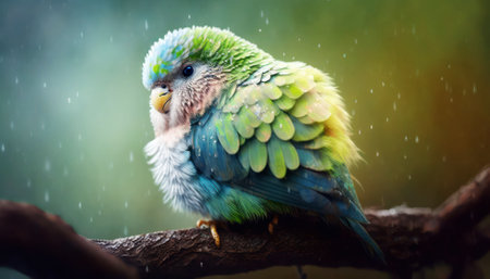 Parrot sitting on the branch with raindrops on a green backgroundの素材