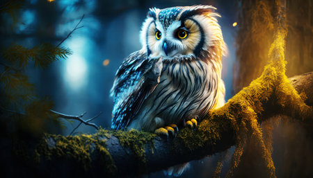 Beautiful owl sitting on a tree branch in the forest at nightの素材