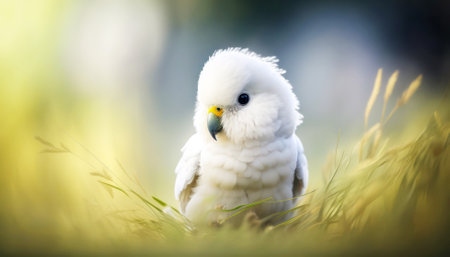White kawaii parakeet in the grass looking at the cameraの素材