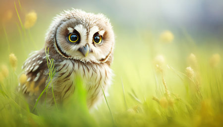 Little owl on the meadow with yellow dandelions in springの素材
