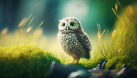 Little owl sitting on moss in the forest. Fairy tale background.の素材