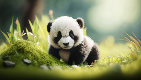 Cute baby panda sitting on green grass in the park.の素材