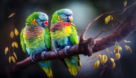 Colorful parrots sitting on a branch in the rainforest.の素材