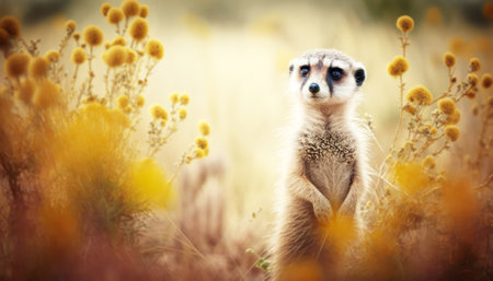 Cute meerkat standing in the meadow with yellow flowersの素材