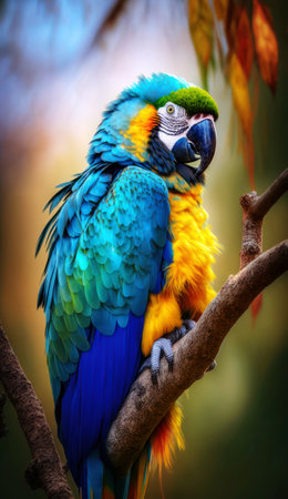 beautiful blue and yellow macaw sitting on a branch in the forestの素材