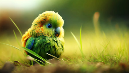 Parrot in the green grass, close-up, copy spaceの素材