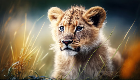 Lion cub in the grass, close-up. Wildlife scene from Africa.の素材